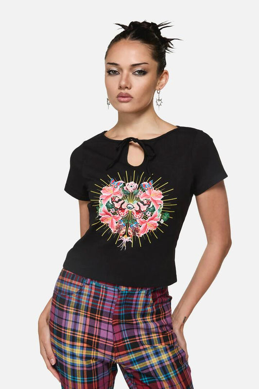 Image of a model wearing Tops. Productname: Nightminds Print Tee in Black colour by brand - Black Friday