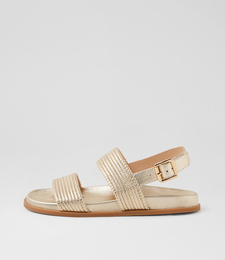 Image of Sandals. Productname: Valorian Gold Metallic Fabric Leather Sandals in GOLD METALLIC colour by brand - MIDAS