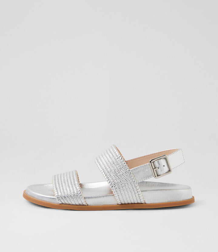 Image of Sandals. Productname: Valorian Silver Metallic Fabric Leather Sandals in SILVER METALLIC colour by brand - MIDAS