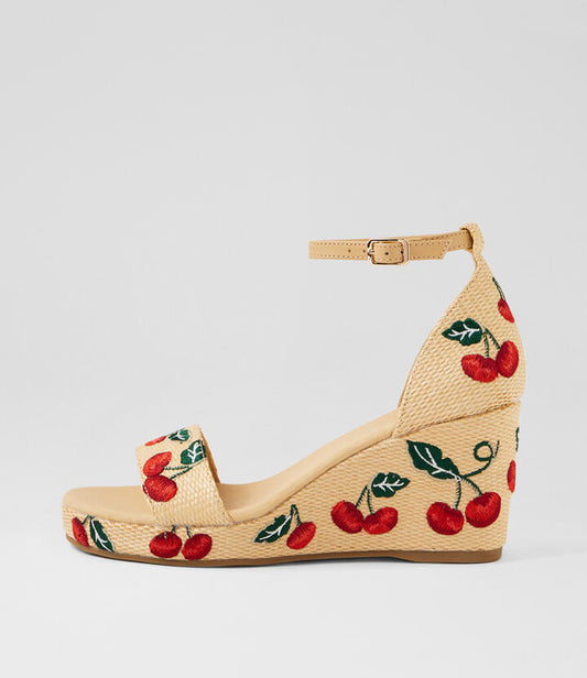 Image of Sandals. Productname: Galio Natural Cherries Synthetic Raffia Sandals in NATURAL&CHERRIES colour by brand - MIDAS