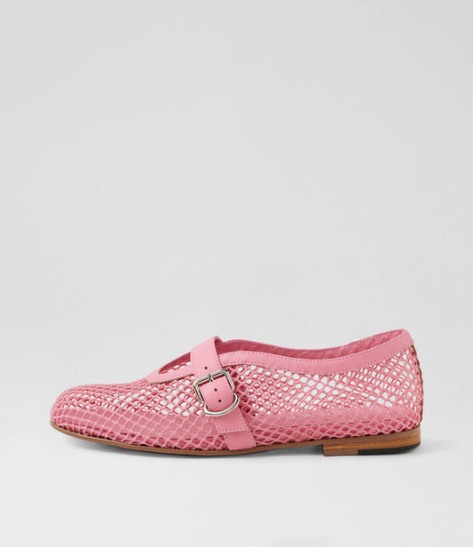 Image of Footwear. Productname: Walaa Pink Mesh Leather Flat Shoes in PINK-PINK colour by brand - MIDAS
