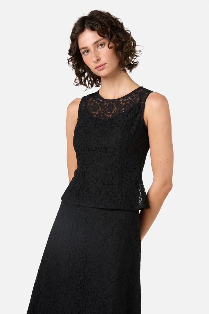 Image of a model wearing Tops. Productname: Amara Lace Top in Black colour by brand - Princess Highway