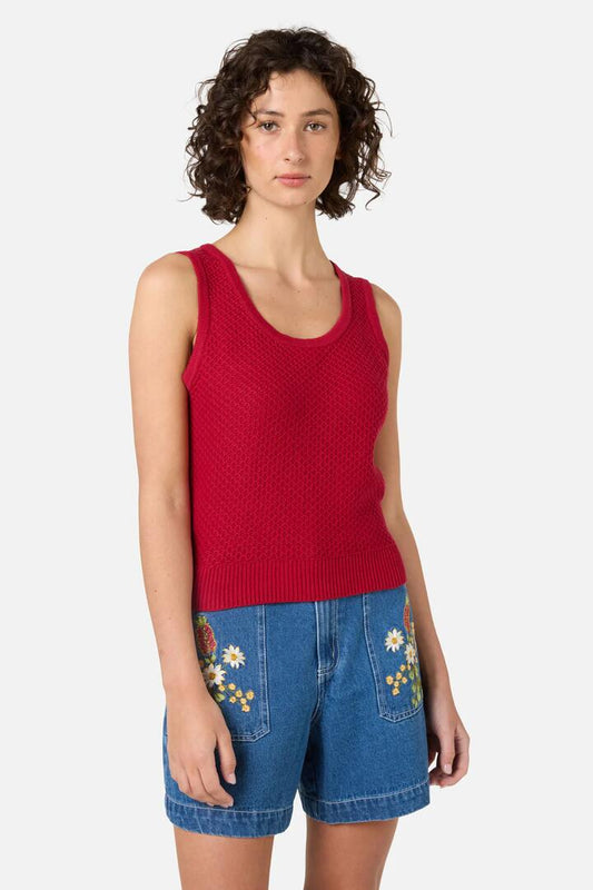 Image of a model wearing Tops. Productname: Paige Fancy Knit Tank in Cherry colour by brand - Princess Highway