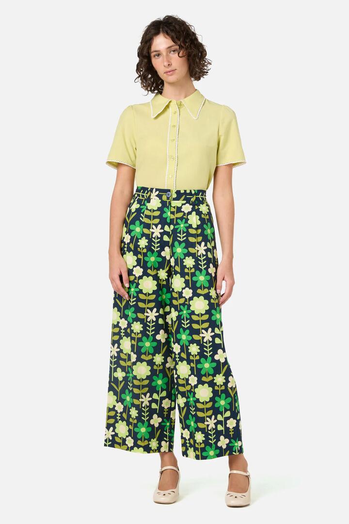 Image of a model wearing Pants. Productname: Penny 60's Cute Culotte in Navy colour by brand - Princess Highway