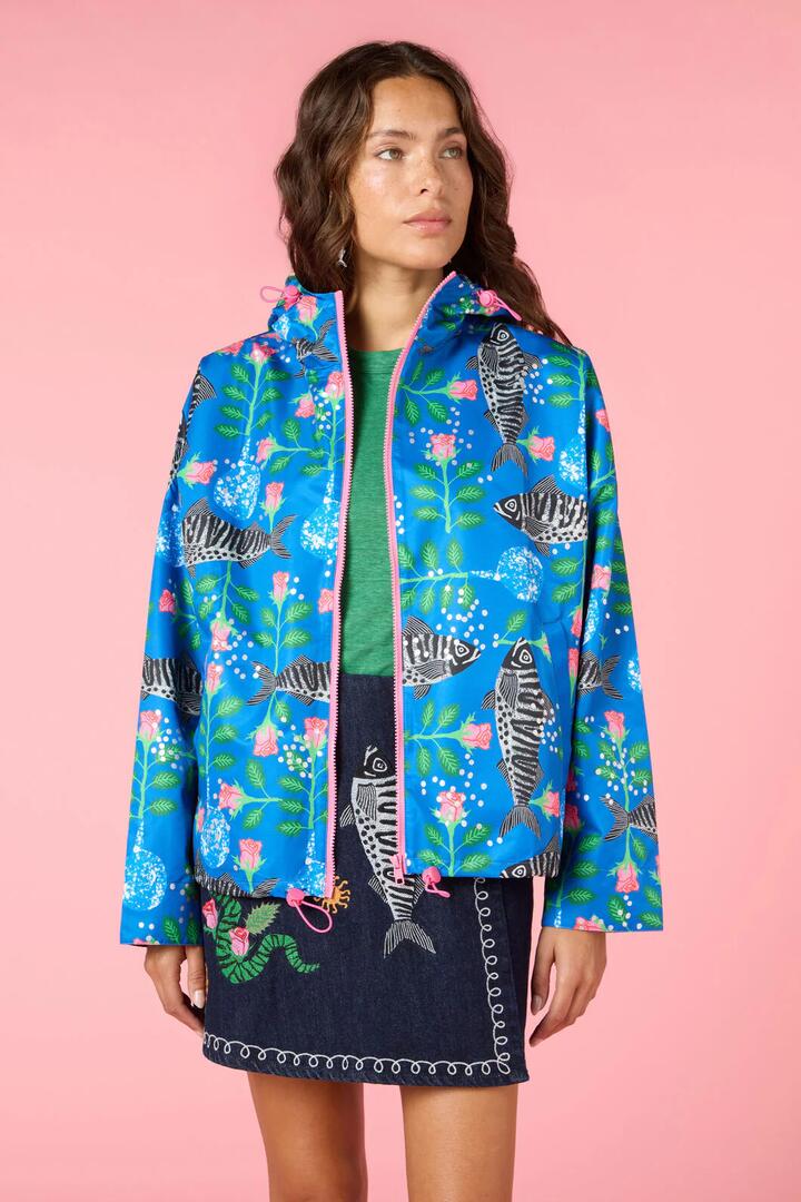 Image of a model wearing Rain Coats. Product name - Gone Fishing Print Raincoat in Print colour by brand - Gorman