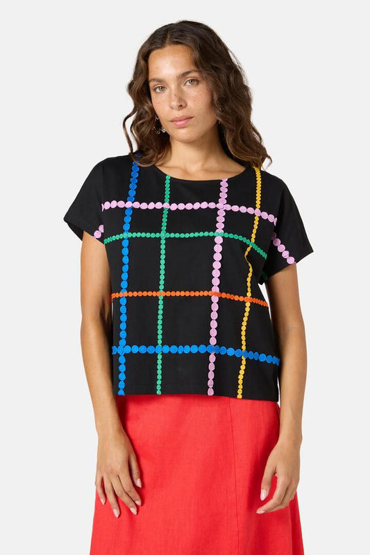 Image of a model wearing Tops. Productname: Stripe Embroidered Tee in Black colour by brand - Gorman