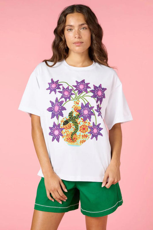 Image of a model wearing Tops. Productname: Serpent's Bloom Oversized Tee in White colour by brand - Gorman