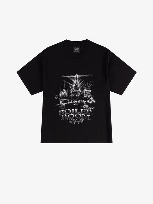 Image of a model wearing Tops. Productname: Boiler Room Paris City T-Shirt in Black colour by brand - Boiler Room