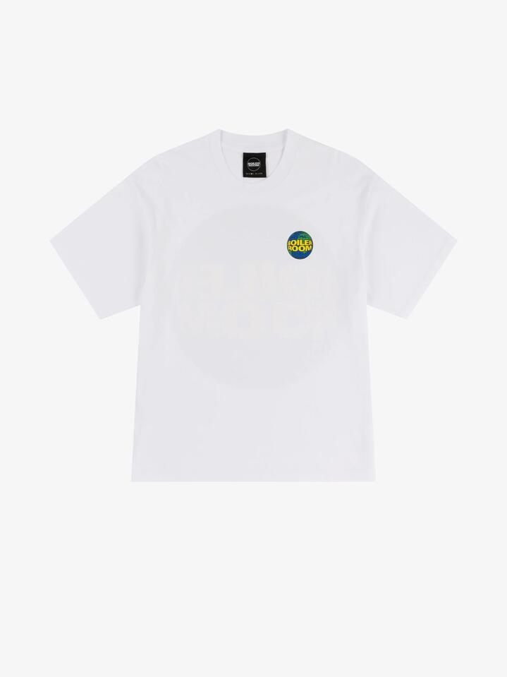 Image of a model wearing Tops. Productname: Boiler Room Globe Logo T-Shirt in White colour by brand - Boiler Room