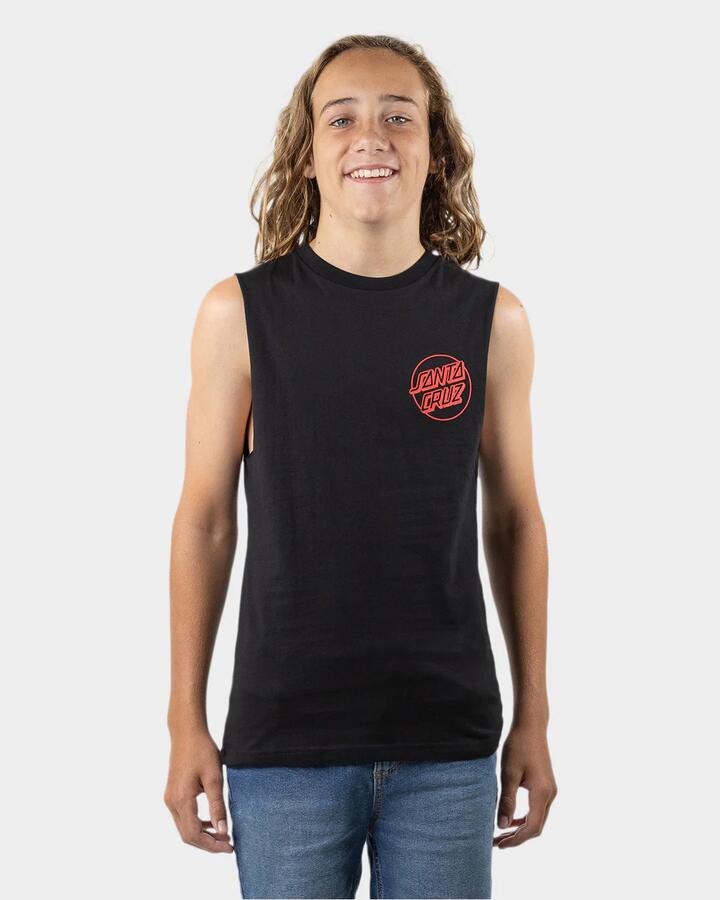 Image of a model wearing Tops. Product name - Santa Cruz Boys 8-16 Opus Screaming Hand Muscle Top Black in Black colour by brand - Santa Cruz