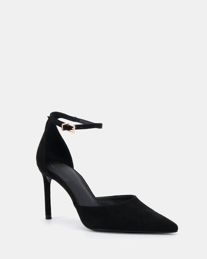 Image of Heels. Product name - Iyana Black Suede Vegan Heels in Black colour by brand - Novo