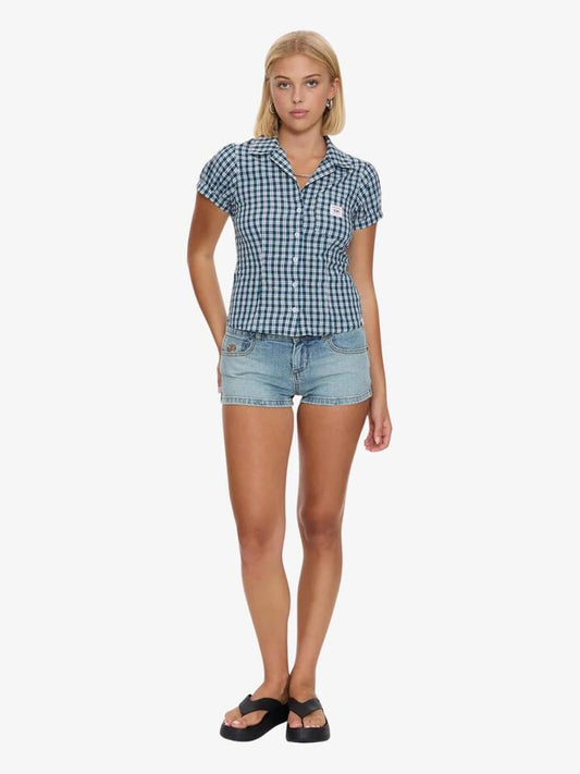 Image of a model wearing Tops. Productname: Worship Checkmate Baby Shirt in Blue colour by brand - Worship