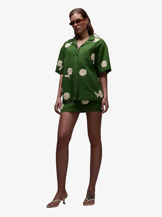 Image of a model wearing Tops. Productname: Topshop Co-Ord Resort Shirt With Raffia Flowers in Green colour by brand - Topshop