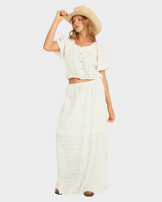 Image of a model wearing Skirts. Product name - Roxy Womens Marina Maxi Skirt Egret in Egret colour by brand - Roxy