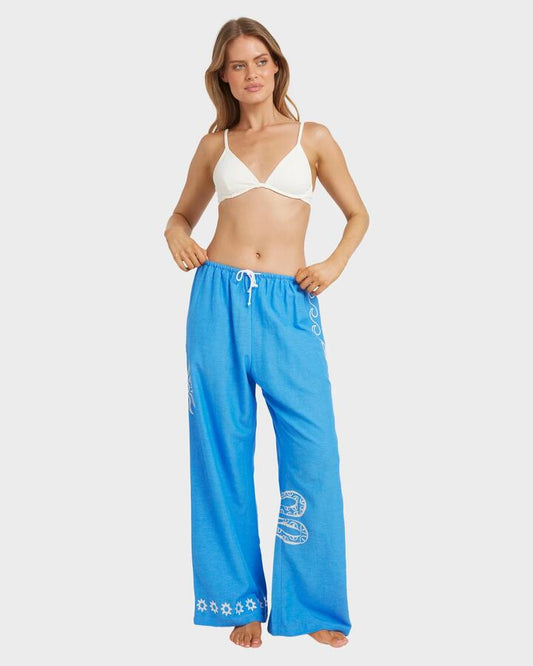 Image of a model wearing Pants. Productname: Billabong - Womens Find Me Here Beach Pants - Tidal Blue - in Tidal Blue colour by brand - Billabong