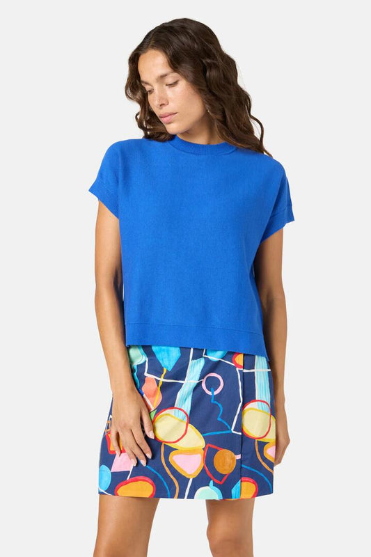 Image of a model wearing Tops. Productname: Leya Cotton Knit Top in Blue colour by brand - Gorman