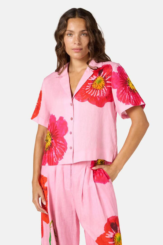 Image of a model wearing Tops. Productname: Poppies Print Linen Shirt in Print colour by brand - Gorman