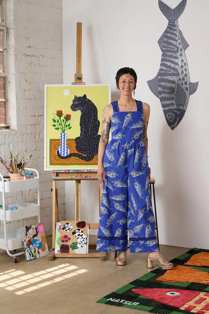 Image of a model wearing Pants. Product name - Fishy Fishy Print Pantsuit in Print colour by brand - Gorman