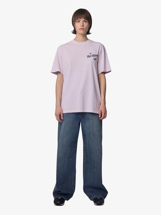 Image of a model wearing Tops. Productname: Deus Slapstick Tee in Orchid Rush colour by brand - Deus