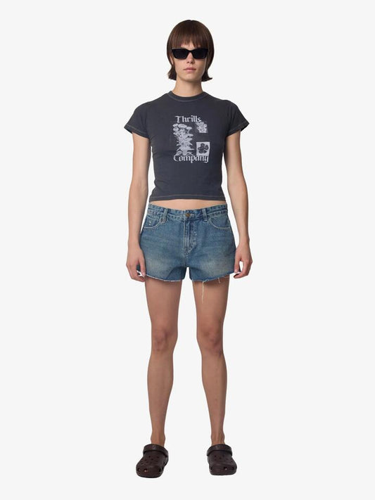 Image of a model wearing Shorts. Productname: Thrills Lola Low Rise Baggy Shorts in Vintage Garage Blue colour by brand - Thrills