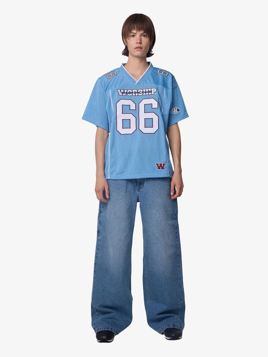 Image of a model wearing Tops. Productname: Worship Belter Football Jersey in Blue colour by brand - Worship