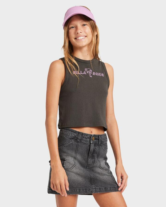 Image of a model wearing Skirts. Productname: Billabong Girls 8-16 Hilary Cargo Mini Skirt Washed Black - in Washed Black colour by brand - Billabong