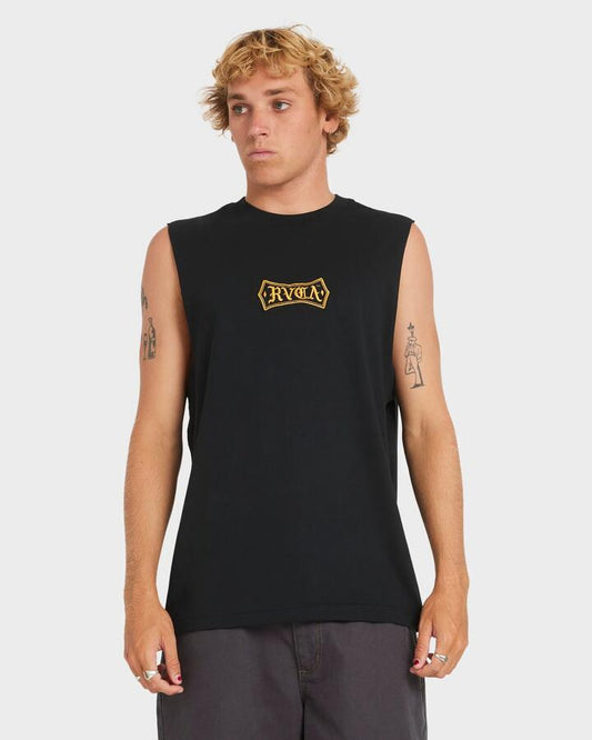 Image of a model wearing Tops. Productname: RVCA Mens Meric Text Muscle Black - in Black colour by brand - RVCA