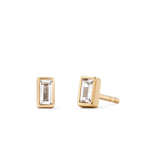 Image of Earrings. Productname: 2mm Emerald Cut Cubic Zirconia Bezel Set Stud Earrings in 18kt Gold Plated Sterling Silver in Silver colour by brand - Bevilles