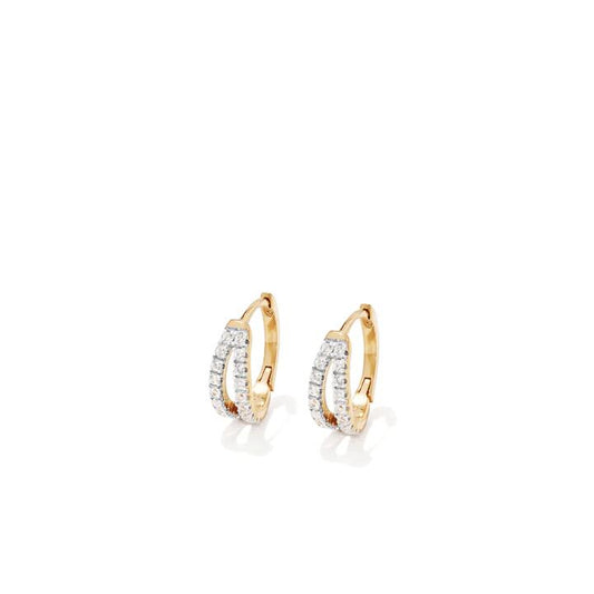 Image of Earrings. Productname: 10mm Split Row Cubic Zirconia Huggie Earrings in 18kt Gold Plated Sterling Silver in Silver colour by brand - Bevilles