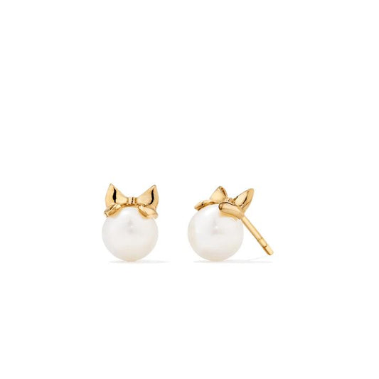 Image of Earrings. Productname: 7mm Pearl Bow Studs in 18kt Gold Plated Sterling Silver in Silver colour by brand - Bevilles
