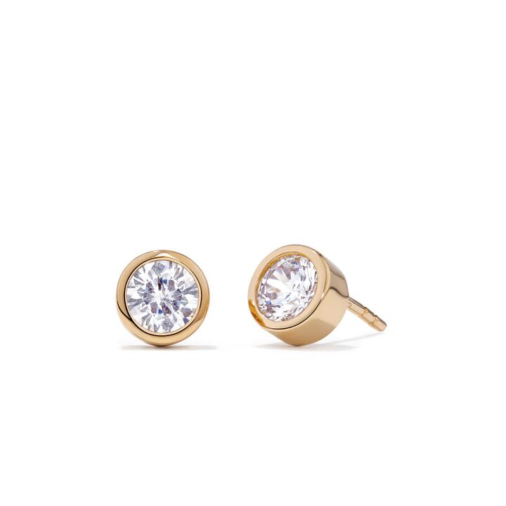 Image of Earrings. Productname: 6mm Bezel Set Cubic Zirconia Stud Earrings in 18kt Gold Plated Sterling Silver in Silver colour by brand - Bevilles