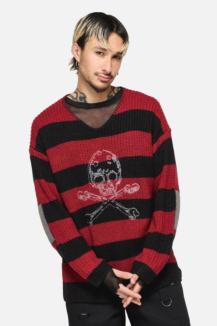 Image of a model wearing Outerwear. Productname: Piracy Punk Knit Jumper in Black/Red colour by brand - Dangerfield
