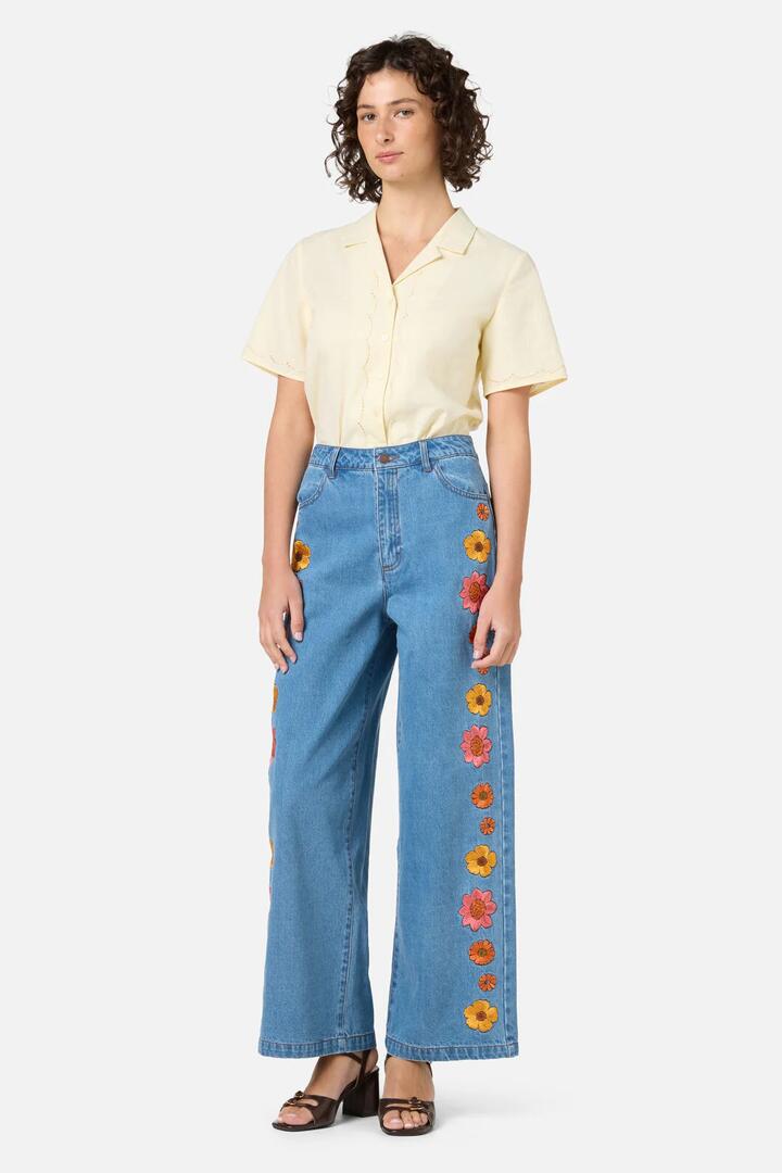 Image of Jeans. Productname: Retro Bloom Embroidered Jean in Blue Denim colour by brand - Princess Highway