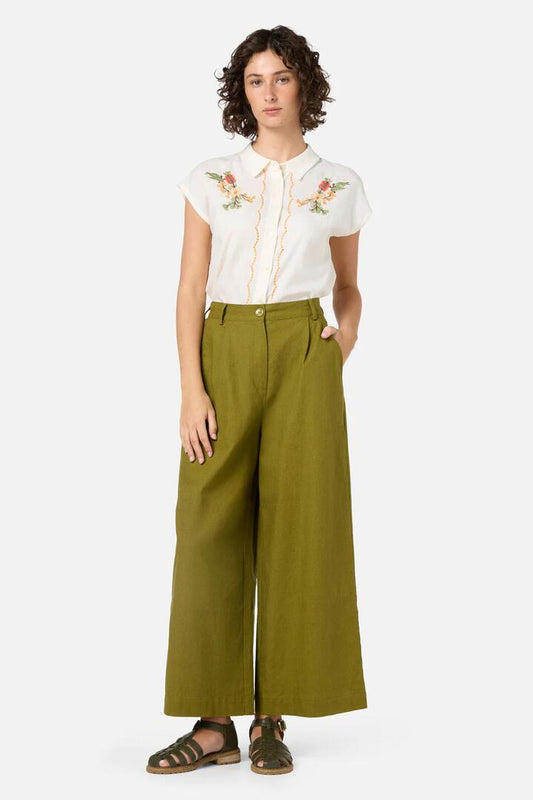 Image of a model wearing Pants. Productname: Hattie Summer Culotte in Olive colour by brand - Princess Highway