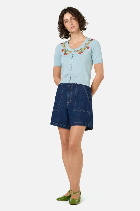 Image of a model wearing Outerwear. Productname: Tomatoes Embroidered Cardigan in Blue colour by brand - Princess Highway