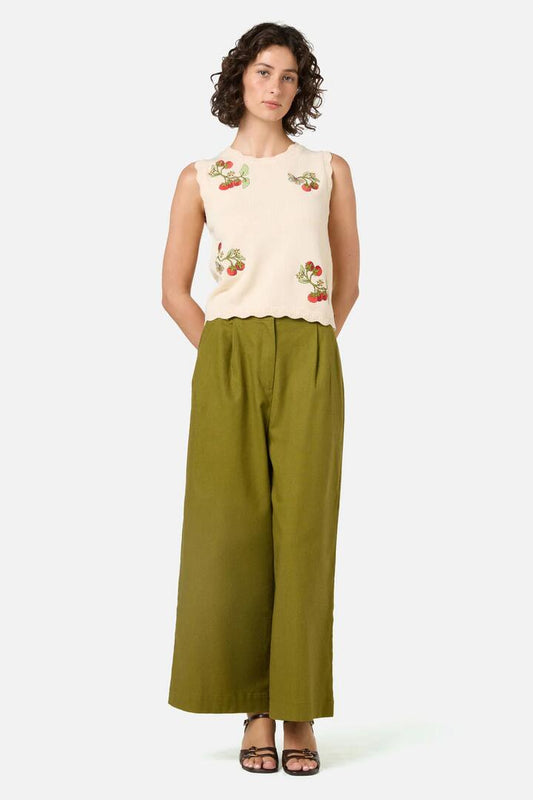 Image of a model wearing Tops. Productname: Tomatoes Embroidered Knit Tank in Cream colour by brand - Princess Highway