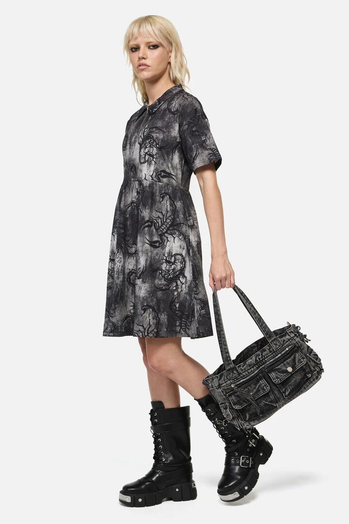 Image of a model wearing Denim. Productname: Washed Denim Shoulder Bag in Grey colour by brand - Dangerfield