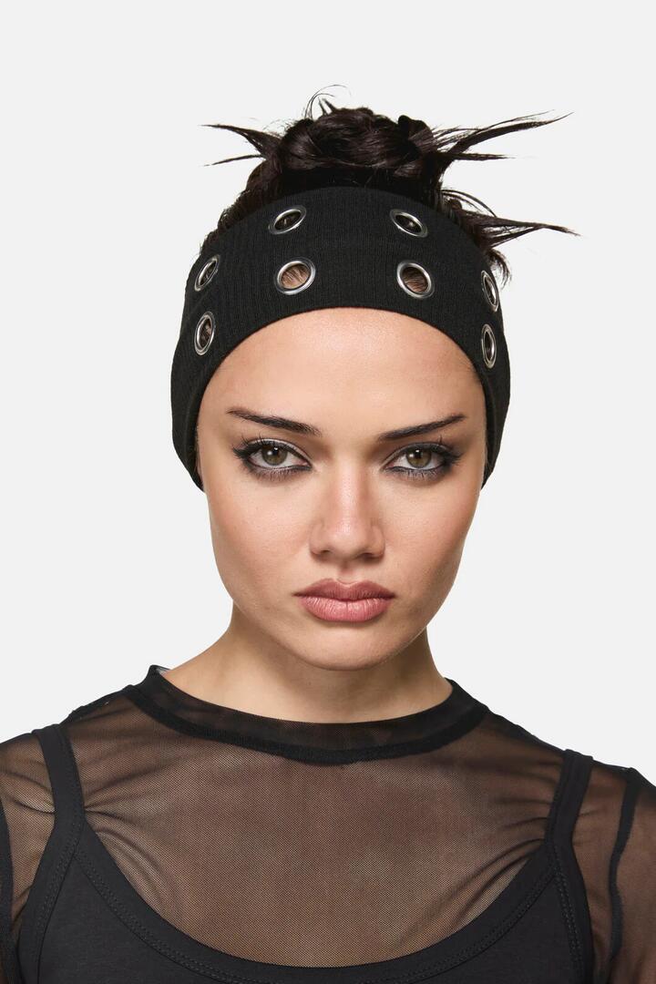 Image of Hair Accessories. Productname: Rib Headband with Eyelets in Black colour by brand - Dangerfield
