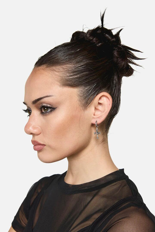 Image of Earrings. Productname: Chain Sleeper & Cross Earrings in Silver colour by brand - Dangerfield