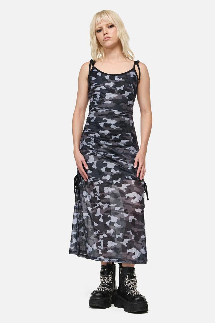 Image of Dresses. Product name - Disruptive Camo Mesh Ruch Mid Dress in Grey/Black colour by brand - Dangerfield