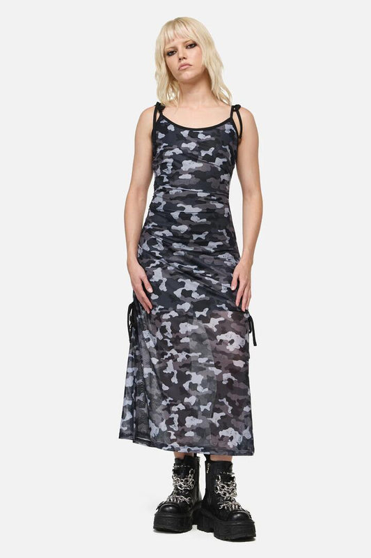 Image of Dresses. Product name - Disruptive Camo Mesh Ruch Mid Dress in Grey/Black colour by brand - Dangerfield