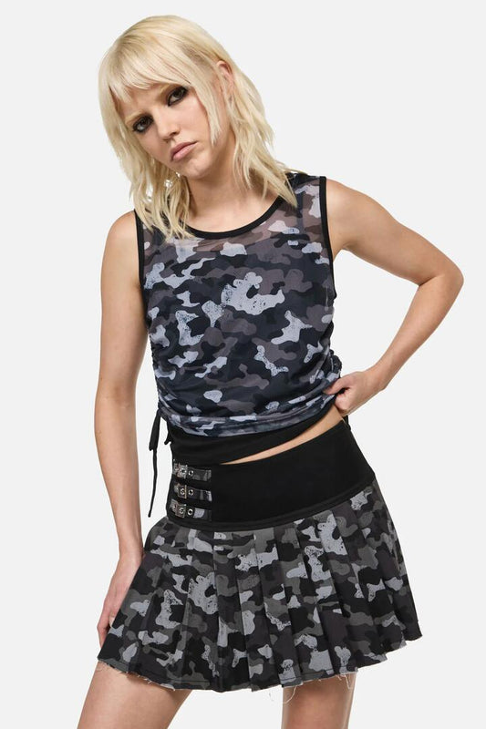 Image of a model wearing Tops. Product name - Disruptive Camo Mesh2Piece Tank in Grey/Black colour by brand - Dangerfield