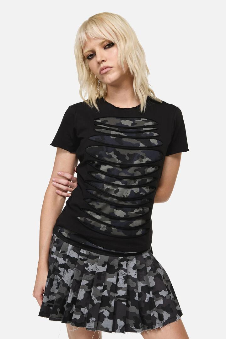 Image of a model wearing Tops. Productname: Disruptive Distressed Cut Out Tee in Grey/Black colour by brand - Dangerfield