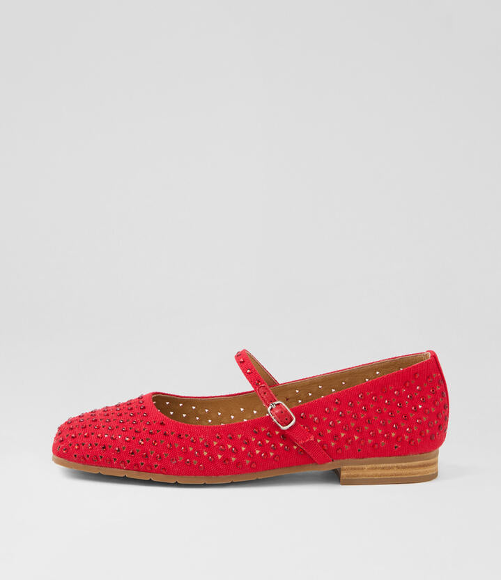 Image of Shoes. Productname: Pippi Red Fabric Jewels Flat Shoes in RED-RED colour by brand - MIDAS