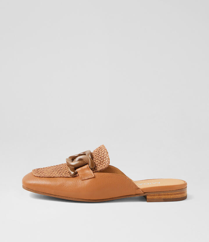 Image of Flats. Product name - Peebles Dark Tan Leather Syn Raffia Loafers in Dk Tan-Tan colour by brand - MIDAS