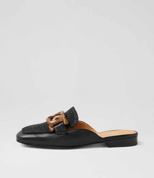 Image of Sandals. Productname: Peebles Black Leather Syn Raffia Mule in Black-Black colour by brand - MIDAS
