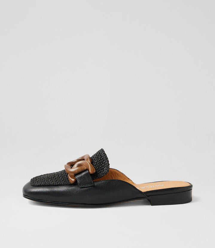 Image of Sandals. Product name - Peebles Black Leather Syn Raffia Mule in Black-Black colour by brand - MIDAS