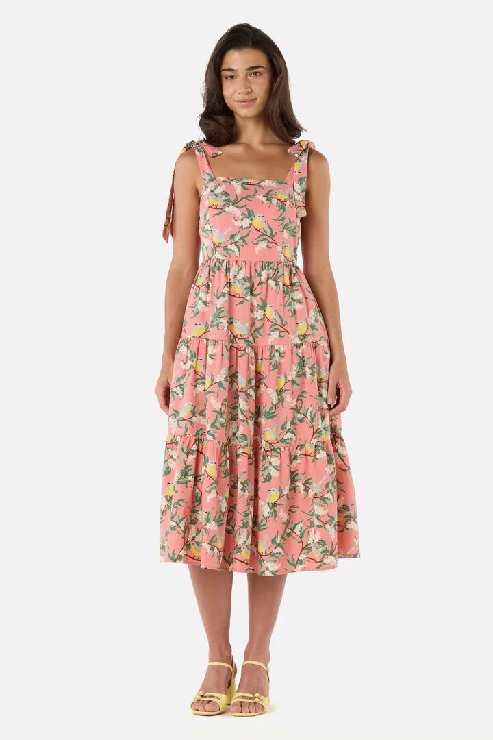 Image of Dresses. Productname: Yellow Robin Tiered Midi Dress in Coral colour by brand - Princess Highway