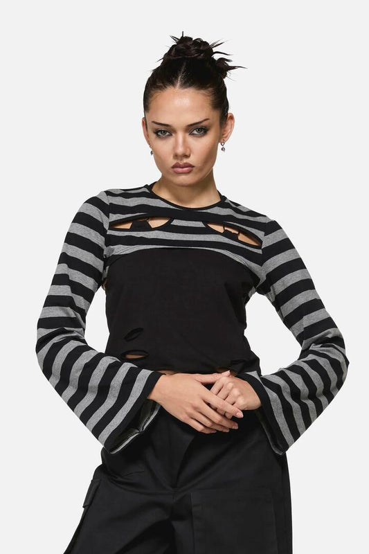 Image of a model wearing Tops. Productname: Envy Stripe Cutout Sleeves in Black/Grey colour by brand - Black Friday