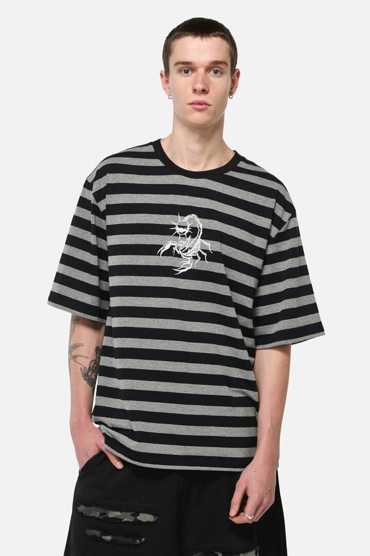 Image of a model wearing Tops. Productname: Sting Off Stripe Tee in Grey/Black colour by brand - Dangerfield